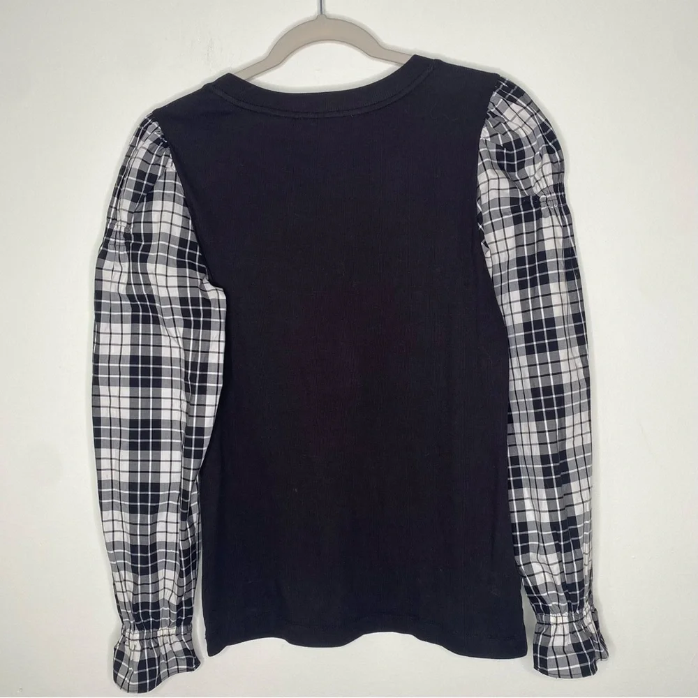 Loft Long Plaid Sleeve Knit Top Black Ivory Sz M